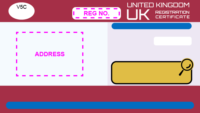 An example of a V5C document showing where the registration number is on the top of the document, and the address in the middle.