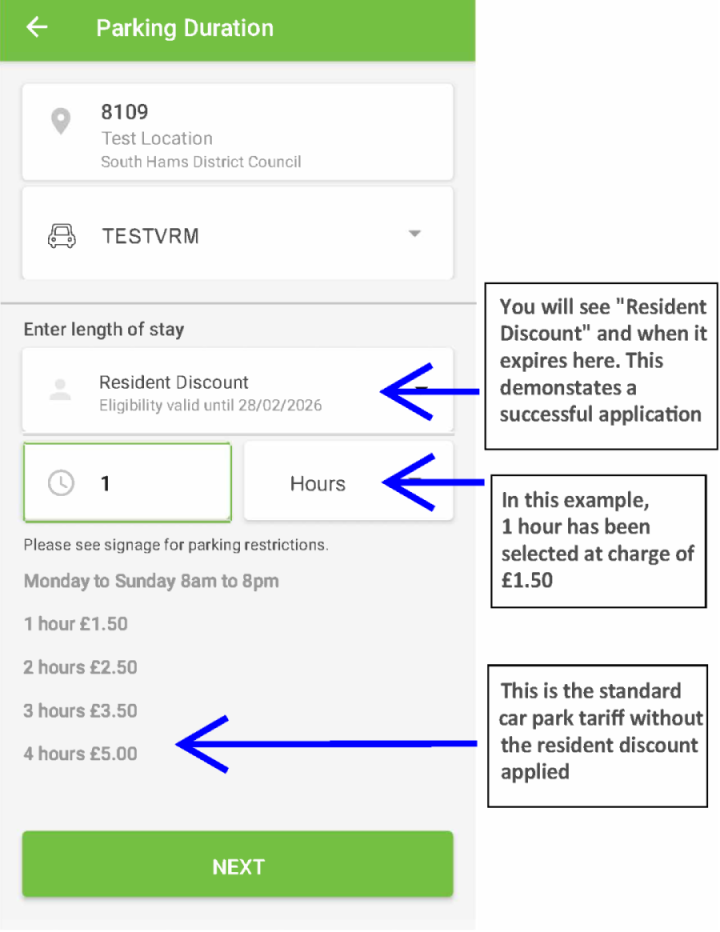 An example screenshot of the PayByPhone app. You will see 'Resident discount and when it expires. This demonstrates a successful application. For the purpose of demonstration, one hour has been selected at a charge of £1.50. Below this is the standard car park tariff without the discount applied