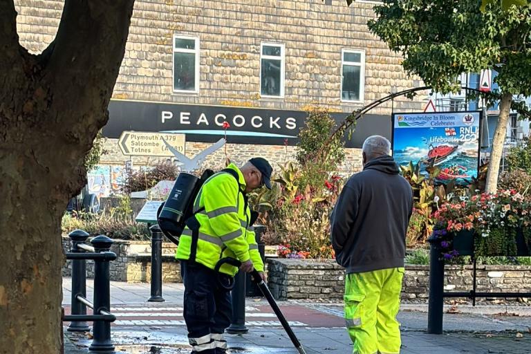 South Hams staff cleaning Kingsbridge with the new equipment.