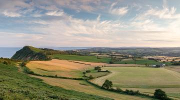 A photo of Devon's countryside, with fields and oceans.